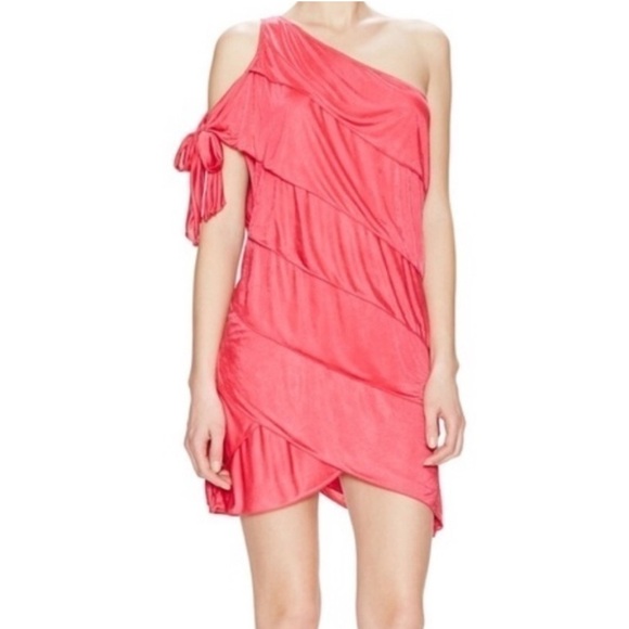 BCBG Women's Mini Dress Tiered Layered Ruffle One Shoulder Tie Sleeve Pale blue - Picture 1 of 16